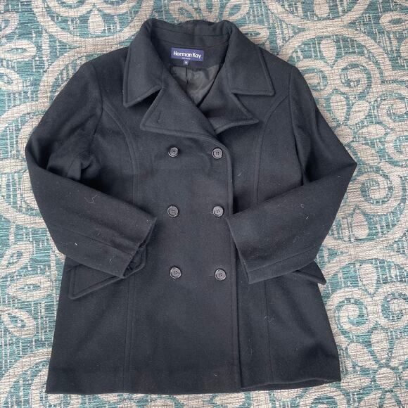 Herman Kay‎ Black Wool Blend Double-Breasted Peacoat - Size 14 - Picture 2 of 6
